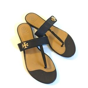 AUTHENTIC Tory Burch KIRA THONG SANDAL 8 1/2M Black Leather 55263 Classic Woman
